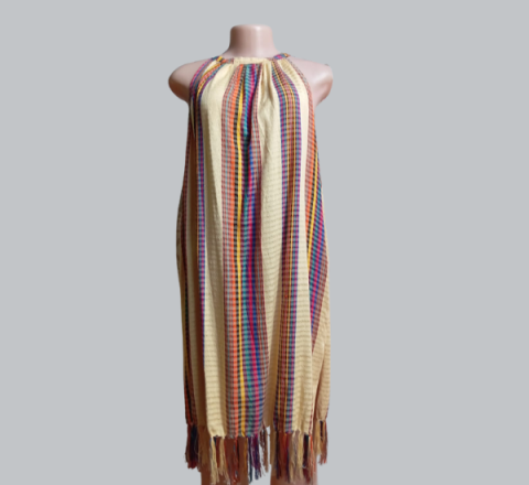 Vestido Típico Semi Corto Fondo Amarillo con Líneas Multicolor Talla Única