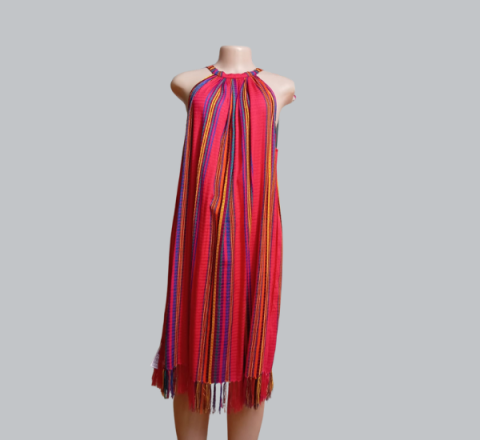 Vestido Típico Semi Corto Fondo Rojo con Líneas Multicolor Talla Única