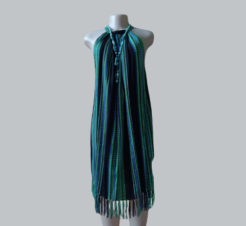 Vestido Típico Semi Corto Fondo Azul con Líneas Multicolor Talla Única