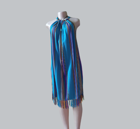 Vestido Típico Semi Corto Fondo Celeste con Líneas Multicolor Talla Única