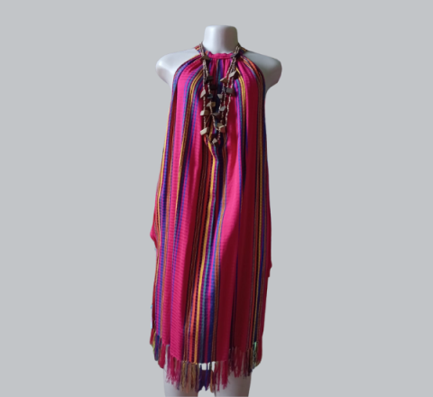 Vestido Típico Semi Corto Fondo Rosado con Líneas Multicolor Talla Única