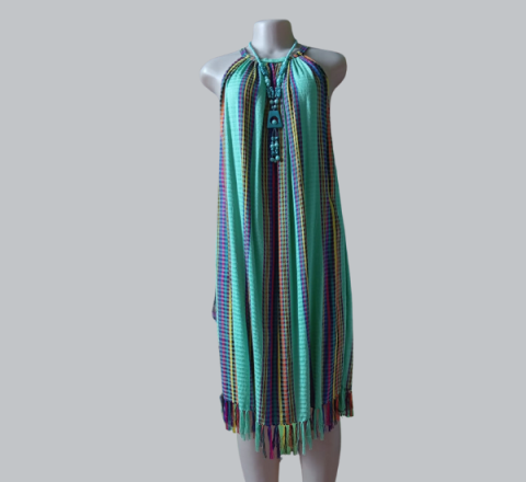 Vestido Típico Semi Corto Fondo Turquesa con Líneas Multicolor Talla Única
