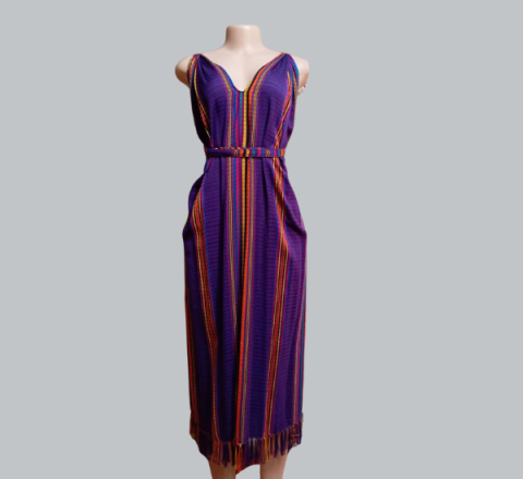 Vestido Típico Largo Fondo Lila con Líneas Multicolor Talla Única