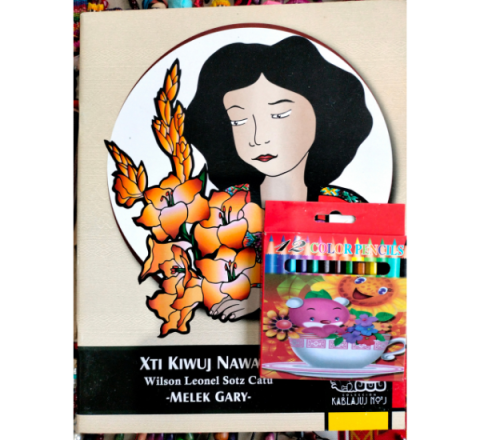 Libro de párvulos, para colorear Nahuales en idioma kaqchikel "Xti Kiwuj Nawali" + caja de 12 crayones