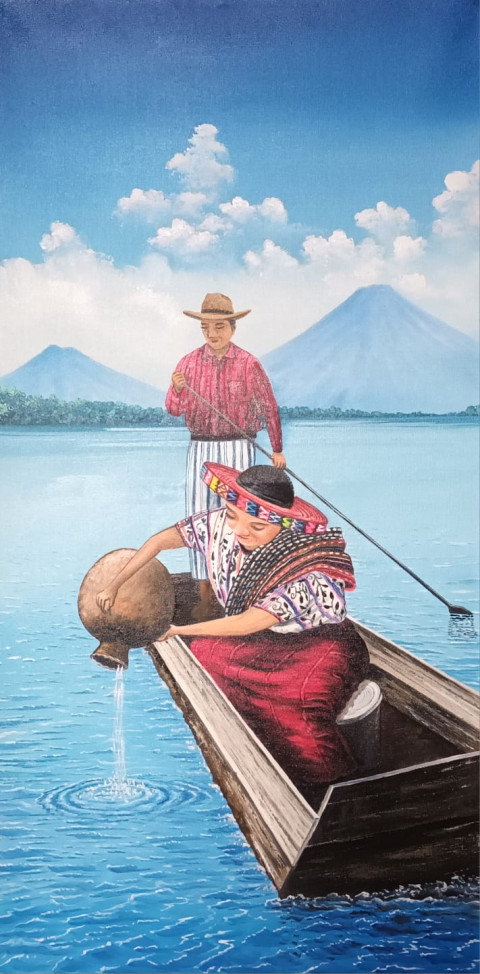 Pintura al óleo sobre lienzo Pareja Guatemalteca en Lago de Atitlán