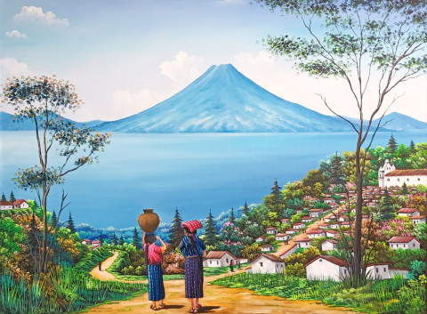 Pintura al óleo sobre lienzo Caminos de Atitlán: Encuentro y Tradición