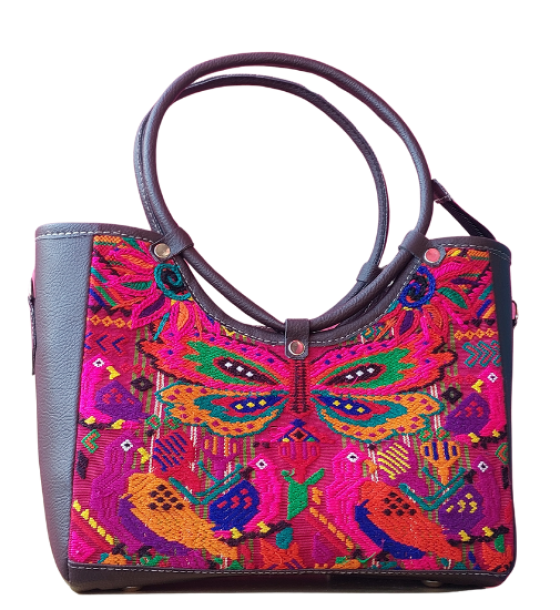 Bolso cuadrado de cuerina bordado y tejido a mano con manda circular