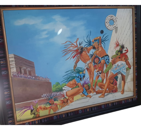 Pintura al óleo Juego de Pelota Maya Enmarcado