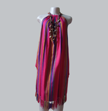 Vestido Típico Semi Corto Fondo Rosado con Líneas Multicolor Talla Única