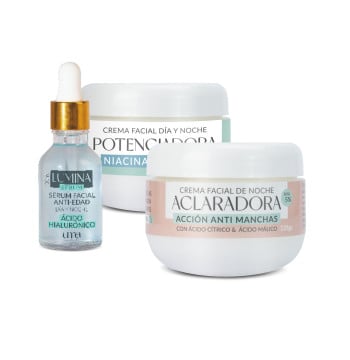 Combo Crema Aclaradora + Crema Potenciadora con Niacinamida + Lumina Serum Anti Edad con Ácido Hialurónico