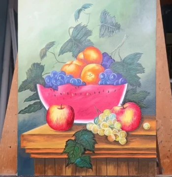 Cuadro al Óleo vertical, Bondegon de frutas, con su respectivo marco de madera curada