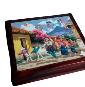 Caja de té de madera pintada al óleo – Niños con trajes típicos y barriletes