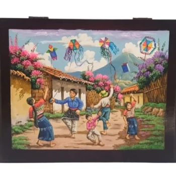 Caja para té de madera de pino Niños volando barriletes