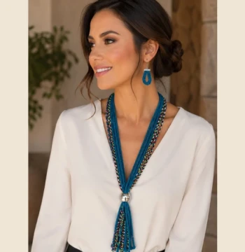 Set de collar y aretes Corbata Maya tonos turquesa