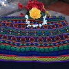 Güipil Kem Textiles, fondo: negro, con figuras en el centro de tonalidades verdes, azul, rojo, amarillo morado y lilas