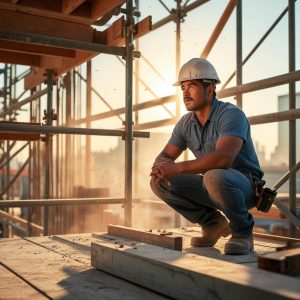 Camarero de construcción con casco en obra, trabajando en un sitio de construcción al atardecer para promover la inversión y oportunidades para migrantes en el sector de la construcción en América Latina. – SoyMigrante.com REVISTA