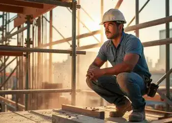 un hombre hispano trabaja en una obra de construccion en estados unidos y piensa en su familia – SoyMigrante.com REVISTA Camarero de construcción con casco en obra, trabajando en un sitio de construcción al atardecer para promover la inversión y oportunidades para migrantes en el sector de la construcción en América Latina. – SoyMigrante.com REVISTA