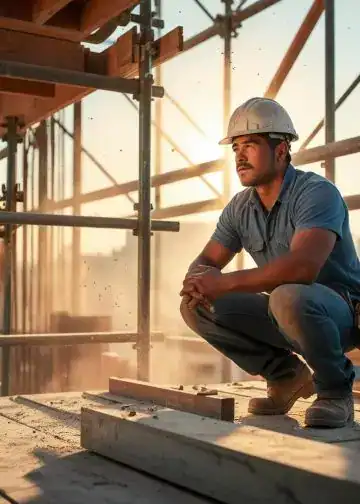 un hombre hispano trabaja en una obra de construccion en estados unidos y piensa en su familia – SoyMigrante.com REVISTA Camarero de construcción con casco en obra, trabajando en un sitio de construcción al atardecer para promover la inversión y oportunidades para migrantes en el sector de la construcción en América Latina. – SoyMigrante.com REVISTA