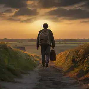 Un joven migrante caminando por un camino rural al atardecer, con mochila y maleta, simbolizando la búsqueda de oportunidades y el viaje migratorio hacia un mejor futuro. – SoyMigrante.com REVISTA