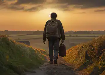 Un joven migrante caminando por un camino rural al atardecer, con mochila y maleta, simbolizando la búsqueda de oportunidades y el viaje migratorio hacia un mejor futuro. – SoyMigrante.com REVISTA