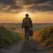 Un joven migrante caminando por un camino rural al atardecer, con mochila y maleta, simbolizando la búsqueda de oportunidades y el viaje migratorio hacia un mejor futuro.
