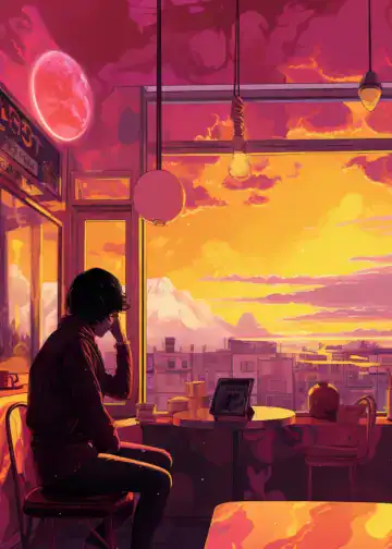 Hermosa ilustración de un atardecer en una cafetería, mostrando una figura sentada contemplando el paisaje y la luna llena, con tonos cálidos y un ambiente introspectivo, ideal para temas de migración, reflexión y cultura. – SoyMigrante.com REVISTA