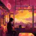 Hermosa ilustración de un atardecer en una cafetería, mostrando una figura sentada contemplando el paisaje y la luna llena, con tonos cálidos y un ambiente introspectivo, ideal para temas de migración, reflexión y cultura. – SoyMigrante.com REVISTA