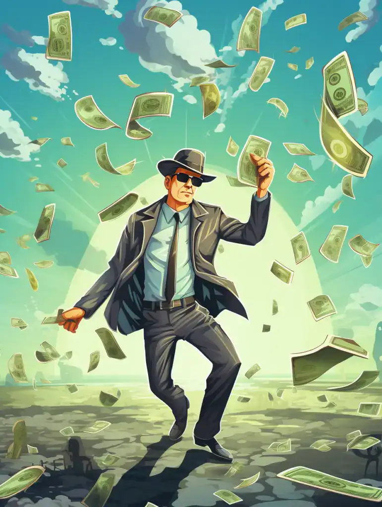 Dinero volando en el aire, hombre vestido con traje y sombrero, estilo de cómic, economía, riqueza, negocios, ilustración digital. – SoyMigrante.com REVISTA
