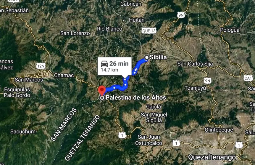Palestina de Los Altos y Sibilia son los dos municipios de origen de Jairo y Sara Gramajo, migrantes guatemaltecos radicados en Oklahoma. Pero no se conocieron sino en California. (Foto Google Maps) – SoyMigrante.com REVISTA – SoyMigrante.com REVISTA