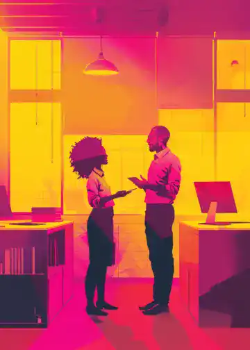 Innovadores perfiles profesionales en un ambiente de oficina colorido, resaltando temas de migración, diversidad laboral y trabajo en equipo.