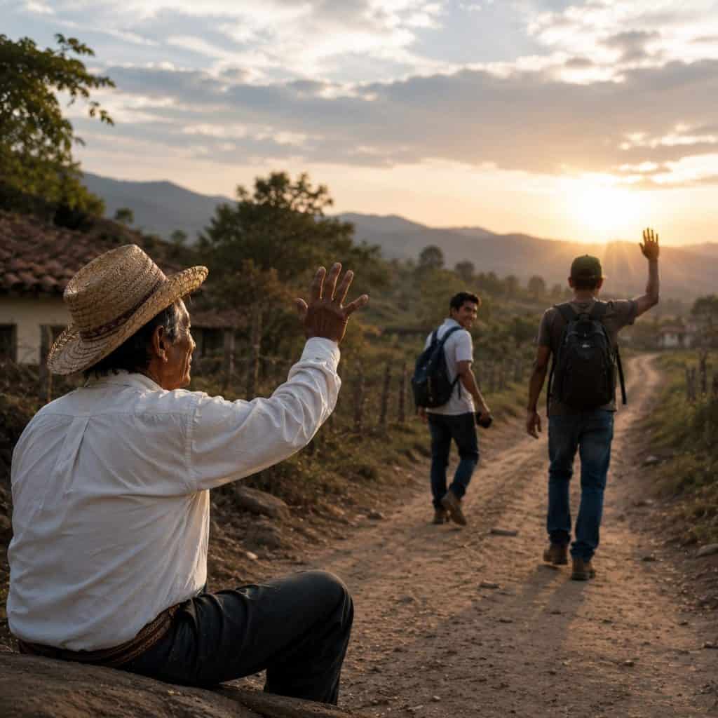 Older man in a straw hat sits on the ground and waves to two hikers on a dirt road at sunset in a rural landscape.