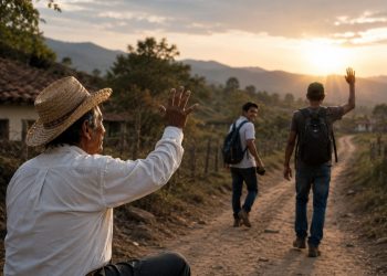 Older man in a straw hat sits on the ground and waves to two hikers on a dirt road at sunset in a rural landscape.