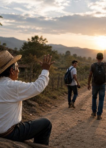 Older man in a straw hat sits on the ground and waves to two hikers on a dirt road at sunset in a rural landscape.