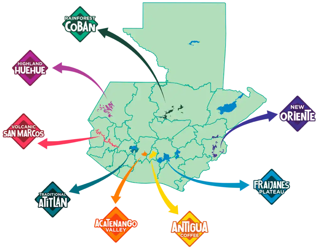 Mapa de la Asociación Nacional del Café de las 8 regiones de origen de café de Guatemala. Nótese que todas, a excepción de Huehuetenango y Cobán, se encuentran en la bocacosta. Sin embargo, también estan en áreas montañosas. – SoyMigrante.com REVISTA