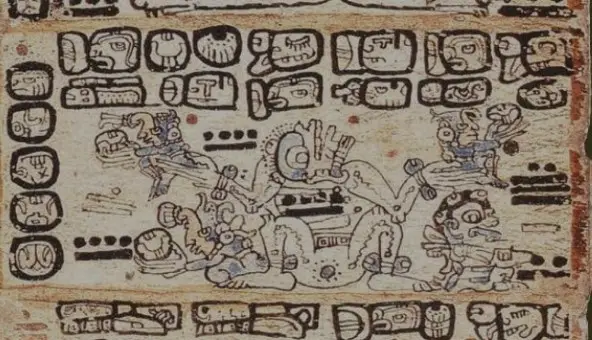 dios de la muerte sostiene al dios del maiz en cada mano y estos tienen el glifo de tortilla – SoyMigrante.com REVISTA En esta representación pintada en el Códice de Madrid, prehispánico, una divinidad sostiene a tres pequeñas figuras del dios del maíz, las cuales tienen un glifo representativo de la tortilla en las manos. – SoyMigrante.com REVISTA