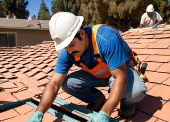 Reparador de techos trabajando en instalación de tejas en una vivienda en un día soleado, usando casco de seguridad y guantes, en un ambiente urbano con árboles y cielo despejado.