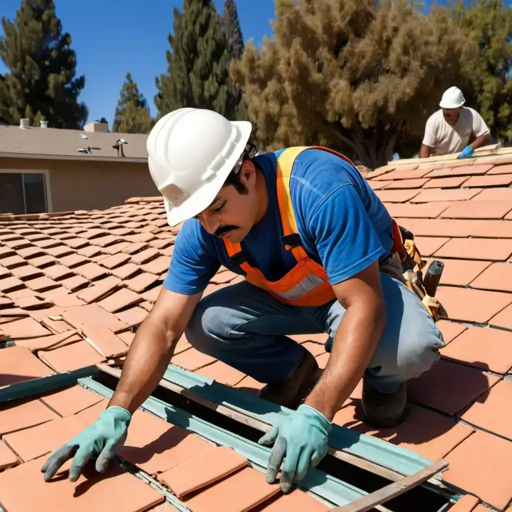Reparador de techos trabajando en instalación de tejas en una vivienda en un día soleado, usando casco de seguridad y guantes, en un ambiente urbano con árboles y cielo despejado.