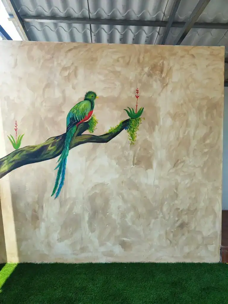 Colorido mural de un quetzal en un árbol, simbolizando la cultura y biodiversidad guatemalteca, ideal para artículos sobre migrantes, integración cultural y conservación de especies en Centroamérica. – SoyMigrante.com REVISTA