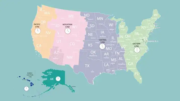 Mapa ilustrativo de Estados Unidos que muestra las zonas horarias y horarios de cambio de hora en diferentes estados, útil para migrantes y viajeros que necesitan información actualizada sobre los horarios en EE. UU. – SoyMigrante.com REVISTA
