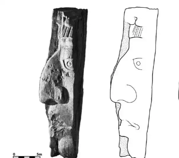 Rostro de piedra y dibujo esquemático, representación artística en la revista SoyMigrante.com sobre cultura y patrimonio.