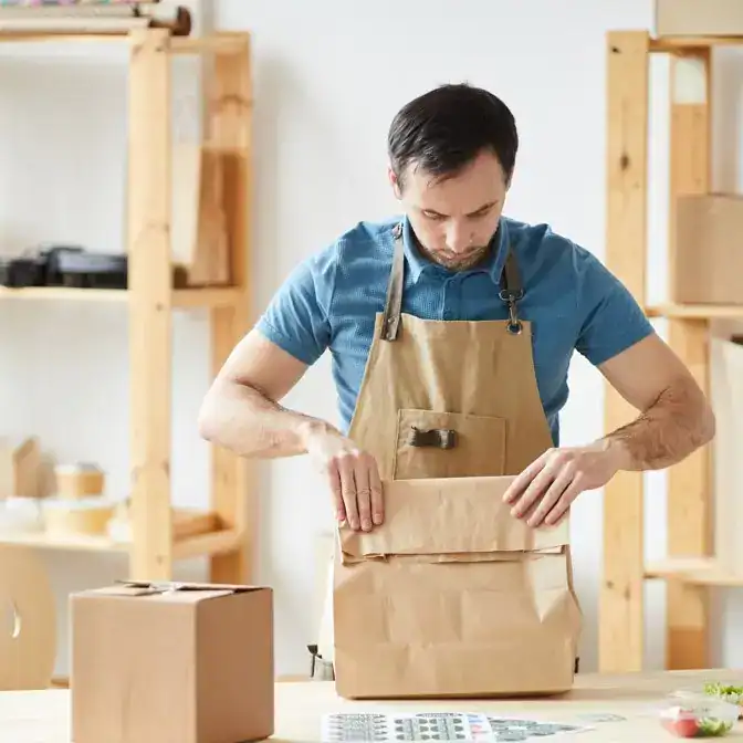 Emprendedor preparando entrega de productos en un taller de empaquetado artesanal. – SoyMigrante.com REVISTA