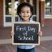 Felicidad de un niño en su primer día de escuela, niño con tiza en mano y sonrisa en rostro, educación inicial, bienvenida al colegio, etapa de aprendizaje y nuevos comienzos.