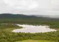 Laguna en medio de la selva tropical, rodeada de vegetación y montañas, en un entorno natural y biodiverso, ideal para publicaciones sobre medio ambiente y migración sostenible.
