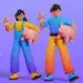 Atractiva ilustración digital de un hombre y una mujer jóvenes con ropa colorida, sosteniendo una alcancía en forma de cerdito y monedas doradas, en un fondo morado brillante, representando ahorro y finanzas. – SoyMigrante.com REVISTA