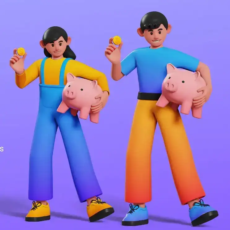 Atractiva ilustración digital de un hombre y una mujer jóvenes con ropa colorida, sosteniendo una alcancía en forma de cerdito y monedas doradas, en un fondo morado brillante, representando ahorro y finanzas. – SoyMigrante.com REVISTA