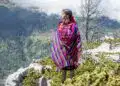 Colorida mujer indígena con traje tradicional en la montaña, resaltando la cultura migrante y la diversidad en América Latina. – SoyMigrante.com REVISTA