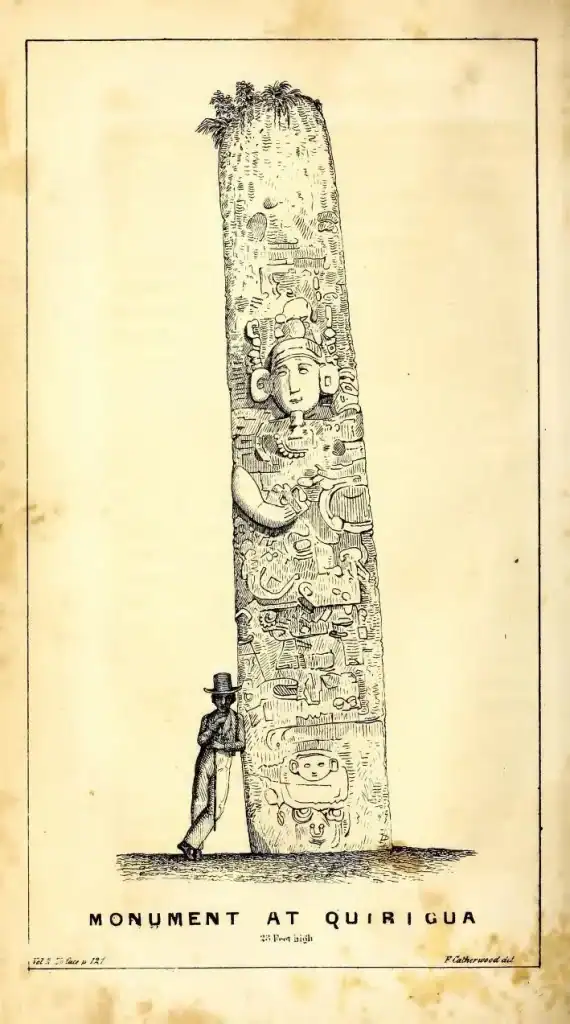 Dibujos de estelas y monumentos zoomorfos (con formas de animales) dibujados por Frederick Catherwood.