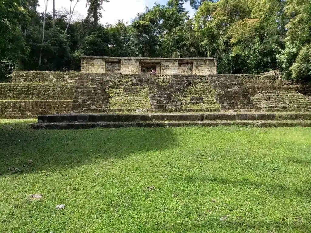 Ancient archaeological site with stone structures in a lush jungle setting, highlighting Mayan ruins and cultural heritage for tourism and history exploration.