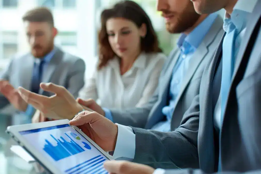 Análisis de datos y reunión de profesionales en un entorno empresarial, enfocándose en estrategias de migrantes y trabajo internacional. – SoyMigrante.com REVISTA