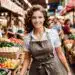 Joven mujer sonriendo en mercado de frutas y verduras, empleada en puesto de venta, comunidad multicultural, ambiente de comercio local, trabajo y emprendimiento en alimentación saludable. – SoyMigrante.com REVISTA